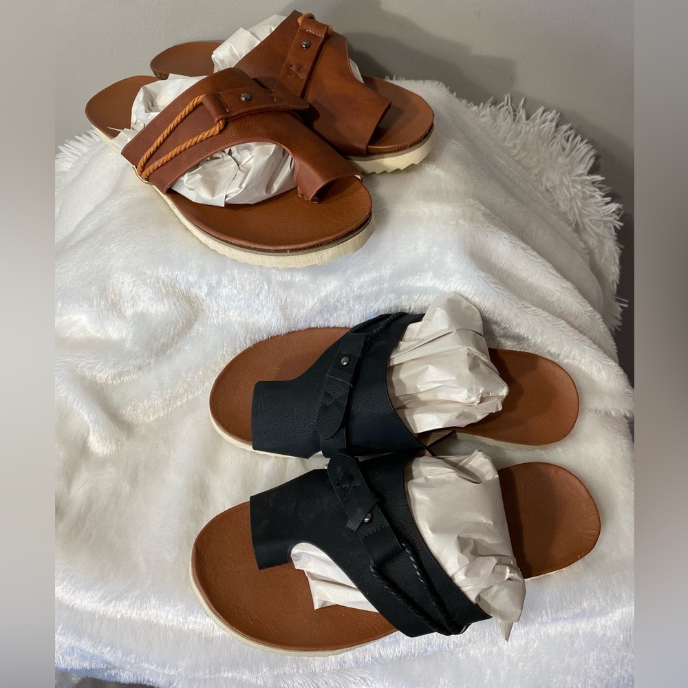 Vegan Leather Sandals Flats Size 8
Lot of TWO
one black pair
one brown pair